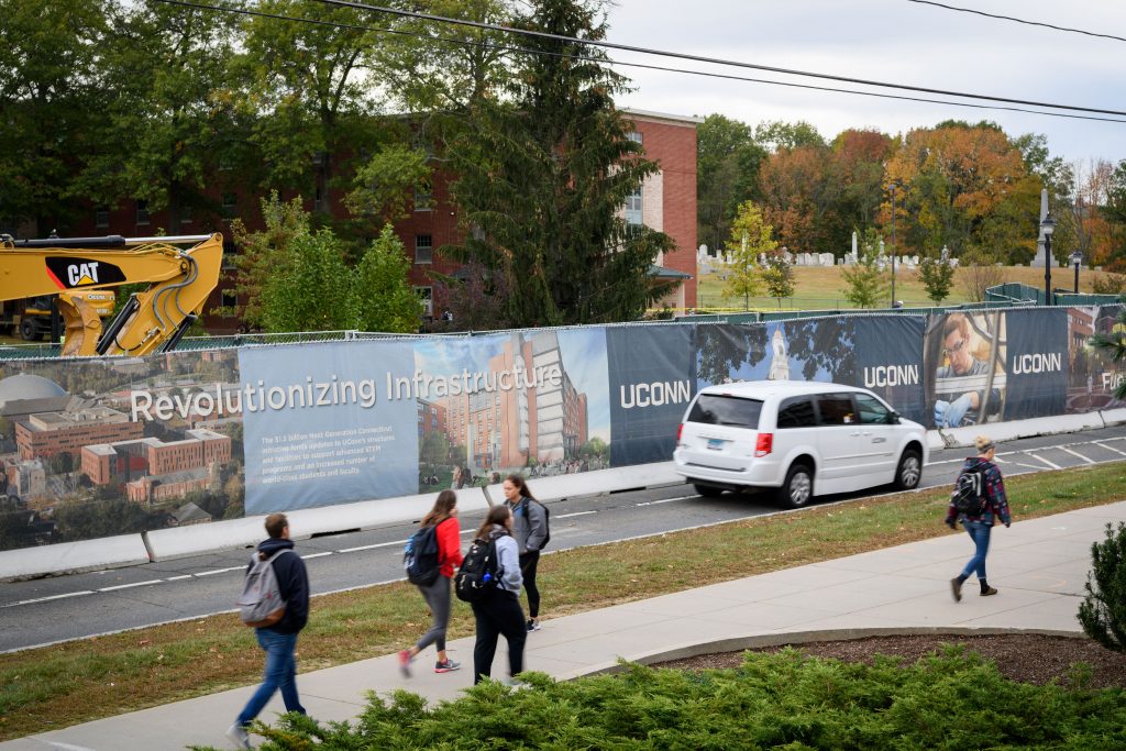 A view of construction along North Eagleville Road near the North Campus Residence Halls on Oct. 16, 2017. (Peter Morenus/UConn File Photo)