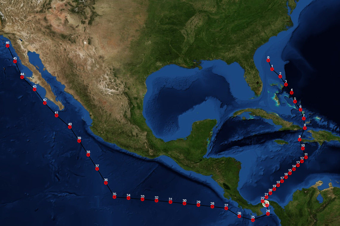 Screenshot of a requested ship transit from Jacksonville, Florida, through the Panama Canal and on to San Diego. The bright circle at the foot of the image shows where the Panama Canal is and can be selected by the user.