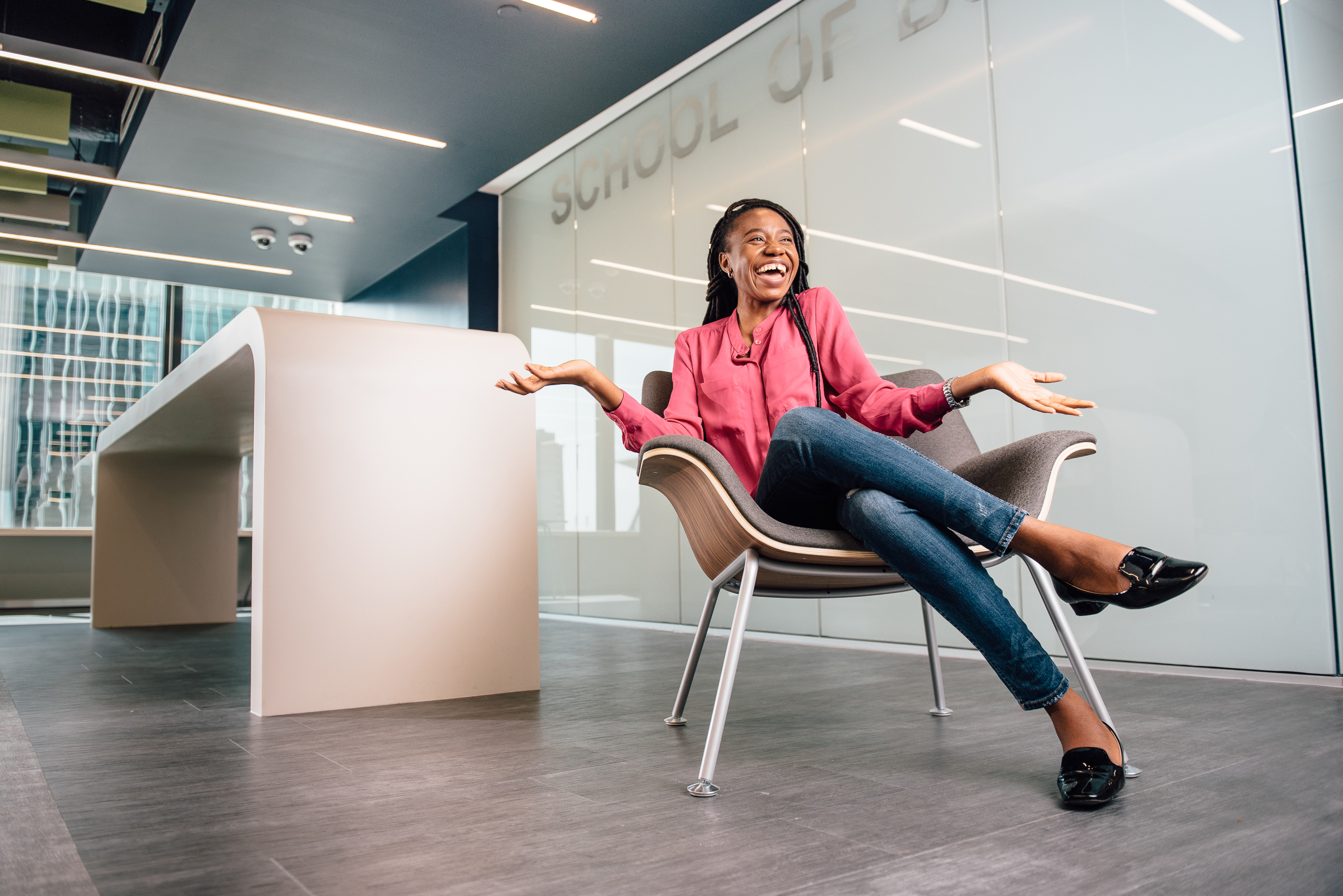 MBA student Enuma Ezeife in a classroom on a new floor at the Graduate Business Learning Center in Hartford. (Nathan Oldham/UConn Photo)