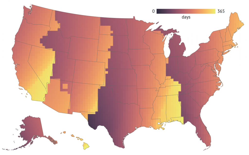 People who live further west in a time zone experience fewer days with natural morning light. As a result, they depend upon electric light to get ready for work and other business of the day. Lighter colors mean more mornings per year in light.