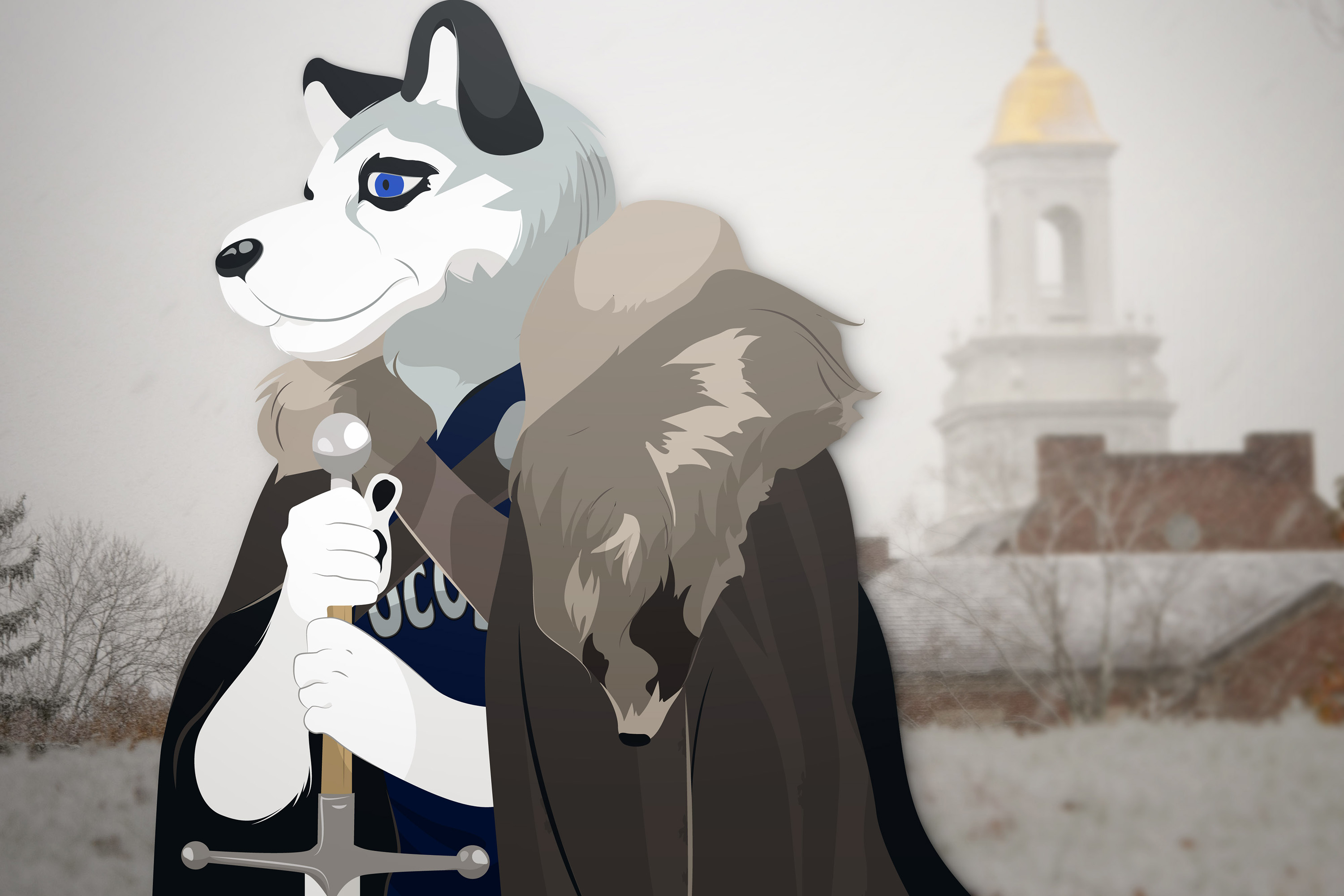 Illustration of Jonathan the Husky mascot in a Game of Thrones costume, with Wilbur Cross Building in the background. (Yesenia Carrero/UConn Illustration)