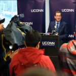 Gov. Dannel Malloy speaks about the success of CT Transit bussing during an event at the Nash-Zimmer Transportation Center on Nov. 13, 2017. (Peter Morenus/UConn Photo)