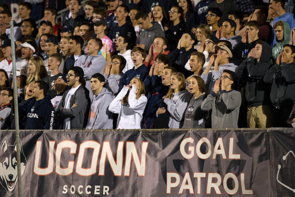 UConn Men's Soccer fans, otherwise known as the Goal Patrol, cheer on their team at a home game in Morrone Stadium. (Stephen Slade '89 (SFA) for UConn)