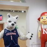 A previous version of UConn's Jonathan the Husky, left, and Lil' Red from the University of Nebraska-Lincoln. (Peter Morenus/UConn Photo)