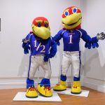 Baby Jay, left, and Big Jay, mascots of the University of Kansas. (Peter Morenus/UConn Photo)