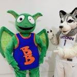 Jonathan the Husky, UConn's current mascot, right, poses with ESPN's mascot Buster Brackets. (Peter Morenus/UConn Photo)