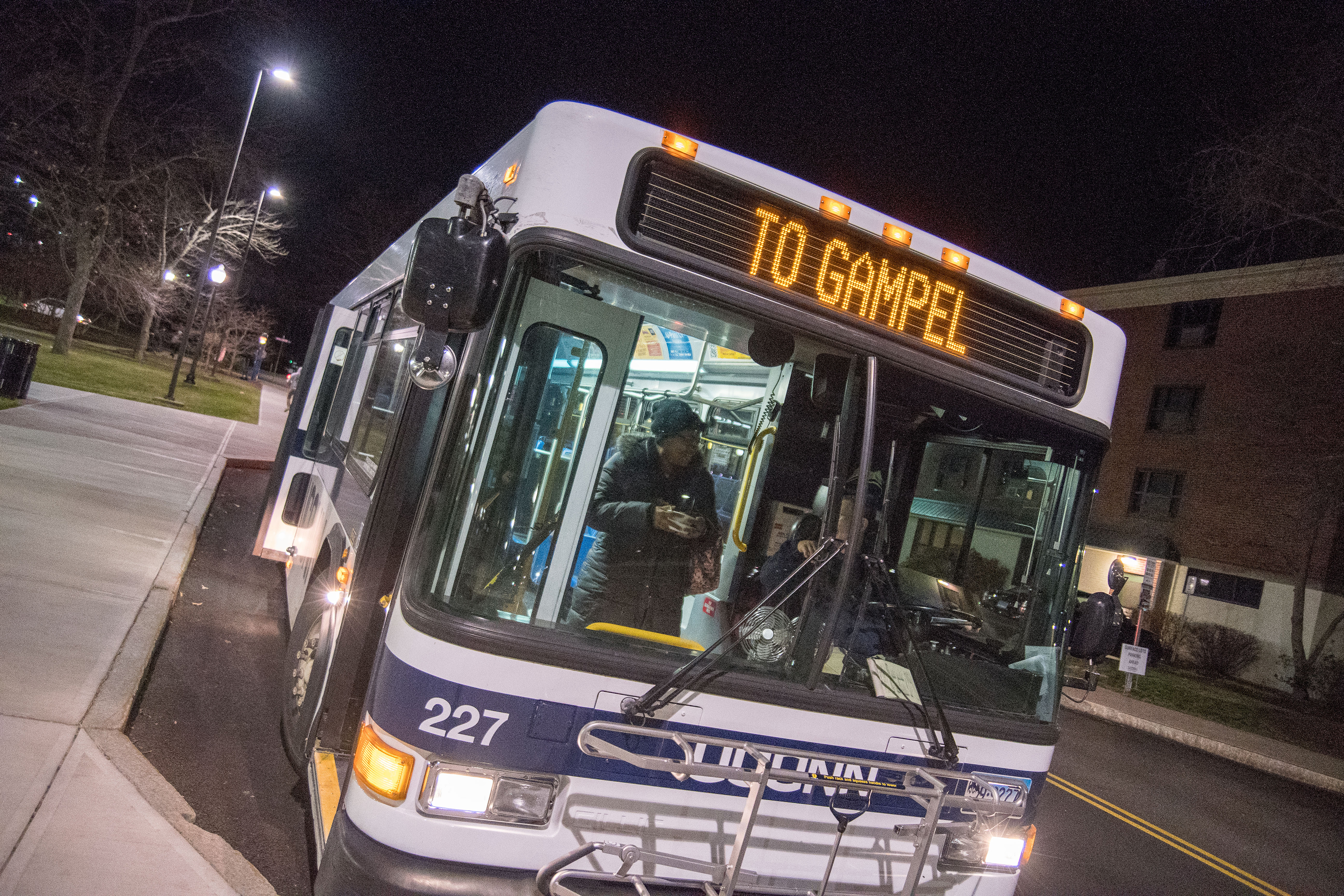 Two new free shuttles for UConn Huskies fans will connect Storrs Center and UConn’s F-Lot to Gampel Pavilion on UConn Men’s and Women’s Basketball game days. (Garrett Spahn '18 (CLAS)/UConn Photo)
