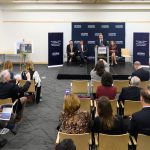 Dan Toscano ’87 (BUS), UConn Foundation board chair, at the podium, speaks at an event to announce a $22.5 million commitment to the University and the naming of the Peter J. Werth Residence Tower on Dec. 4, 2017. Seated from left are Matthew Cremins, ’13 (ENG), ’14 MS, Peter J. Werth, and President Susan Herbst. (Peter Morenus/UConn Photo)