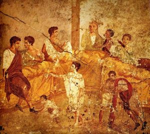 Pompeii family feast painting, Naples. Unknown painter before 79 AD, via Wikimedia Commons