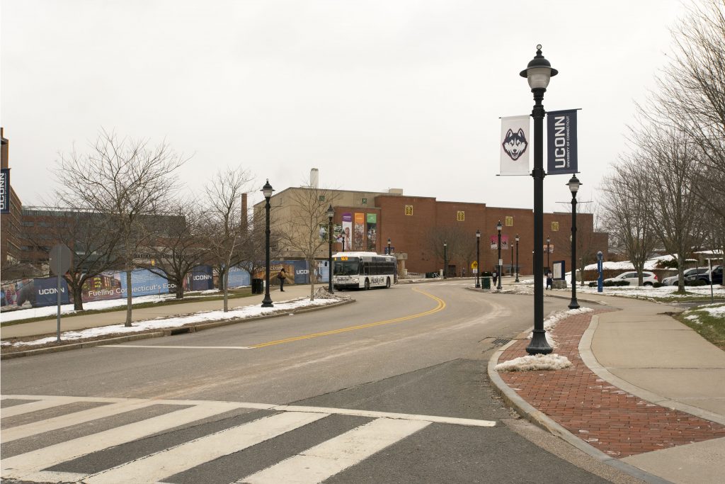 Hillside Road is part of an environmental initiative on campus known as “Complete Streets” – an effort to make the streets more environmentally friendly and able to comfortably accommodate pedestrians, buses, and bikes. (Sean Flynn/UConn Photo)