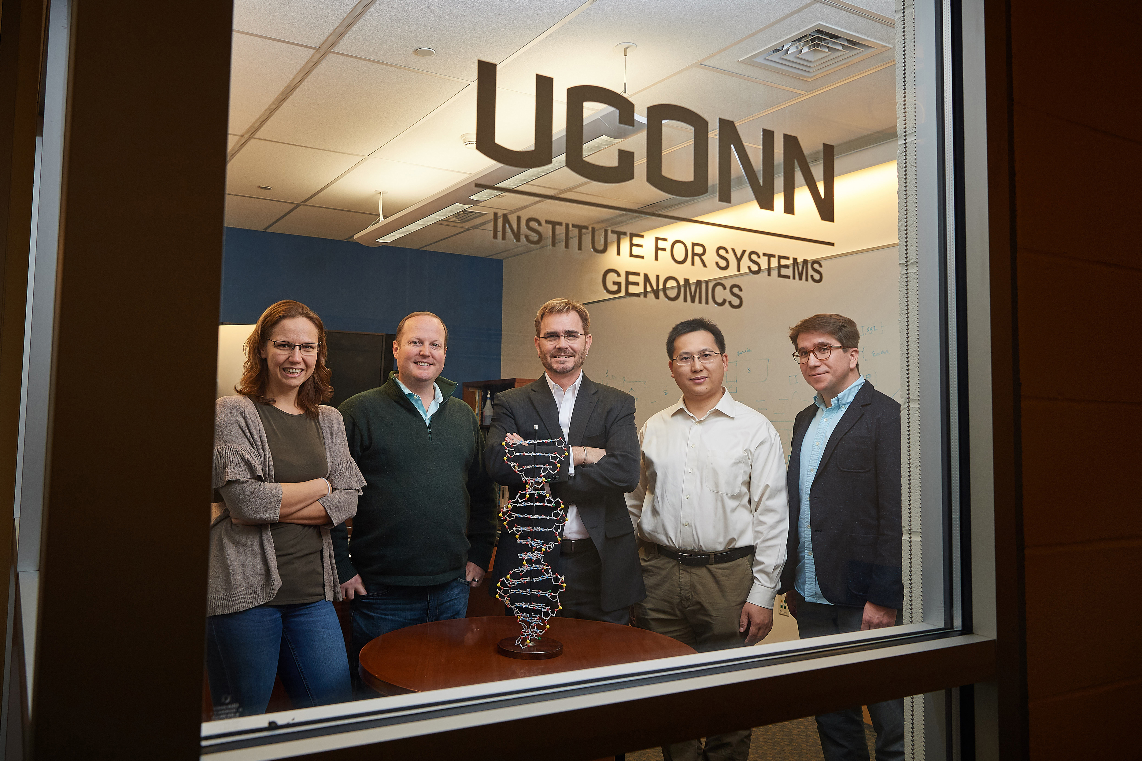 Five UConn Health researchers have won a new type of NIH grant designed to foster innovation and risk-taking in basic medical research. From left, Duygu Ucar, Justin Cotney, Brenton Graveley, Zhengqing Oyang, and Stefan Pinter, at the Cell and Genome Sciences Building in Farmington. (Peter Morenus/UConn Photo)
