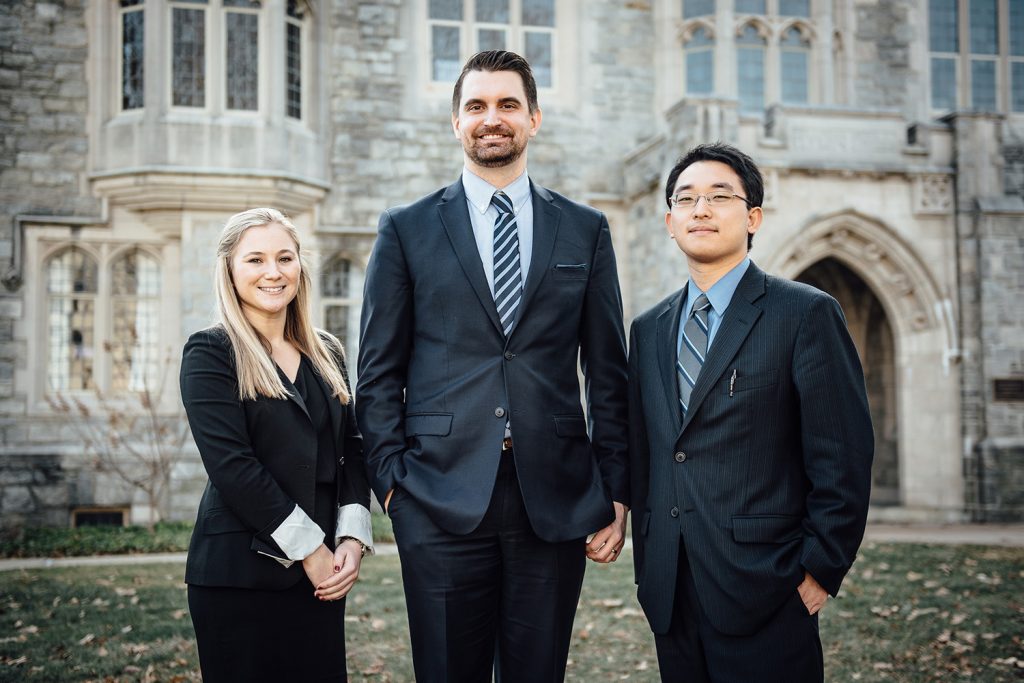 The winning team of the 4th Annual Business/Law Negotiation Competition. From left: Brooke Tinnerello '17, UConn law student, Christopher DiGiacomo '18 MBA, and Steven Lin, UConn law student. (Nathan Oldham/UConn photo)
