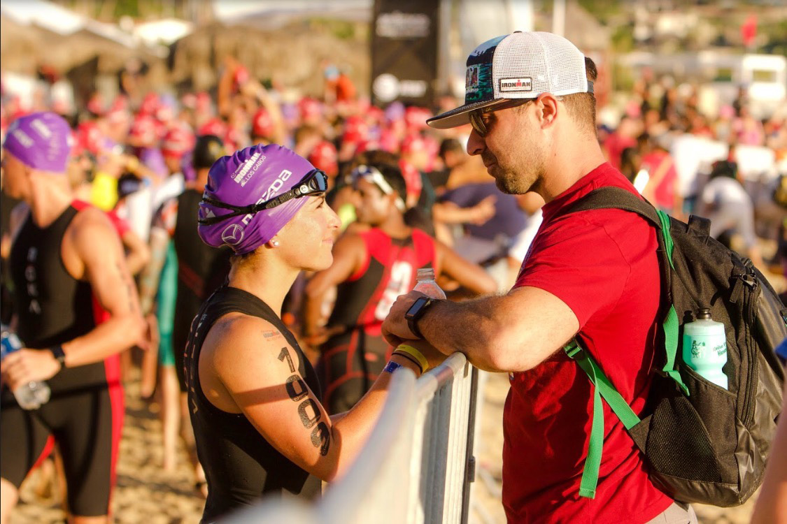 Laura and Ryan talk before the Ironman Los Cabos in November 2017. It was later during this race that Laura did not feel well, which started her journey back to UConn and the KSI. (Photo courtesy of Ryan and Laura Marcoux)
