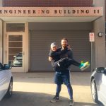 Ryan and Laura Marcoux revisit the Engineering II Building in Storrs, where they first met while they were both UConn undergraduates. (Photo courtesy of Ryan and Lauren Marcoux)