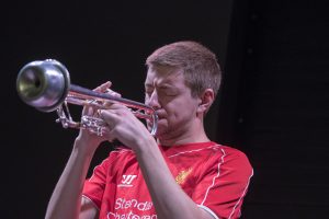 Grant Eagleson, a senior music major, plays trumpet at “Jazz Night at the Ballard,” on Feb. 20. (Garrett Spahn '18 (CLAS)/UConn Photo)