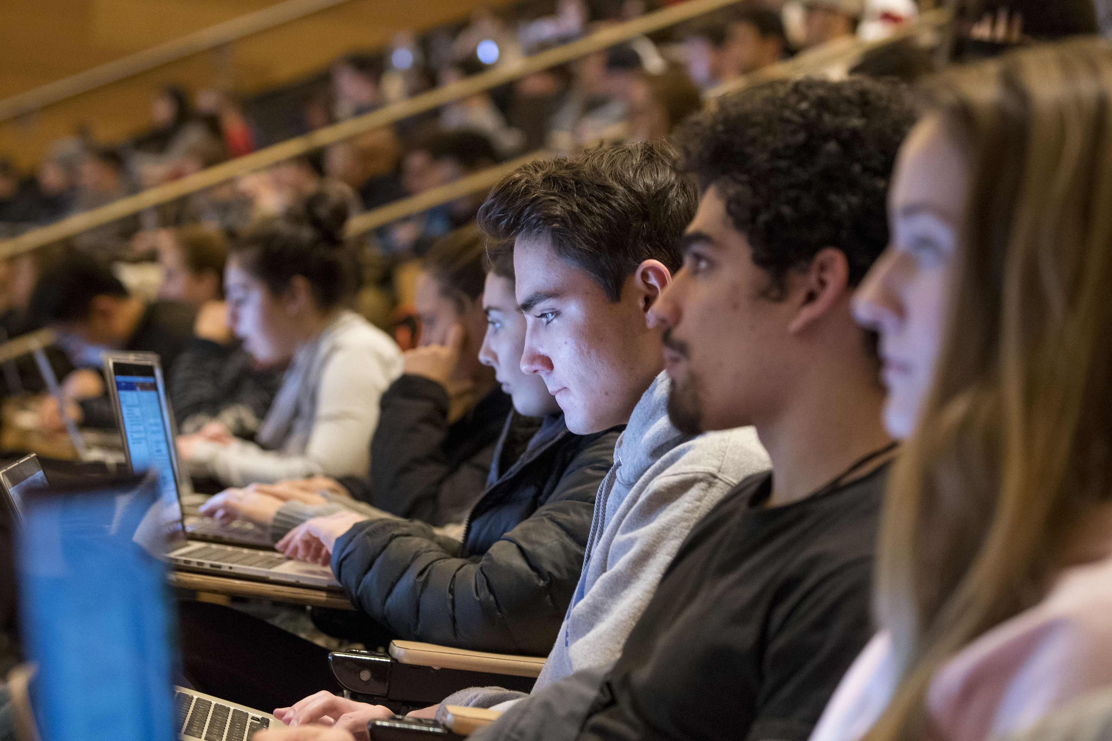 Students listening to a lecture in Laurel Hall on Feb. 8, 2018. (Sean Flynn/UConn Photo)