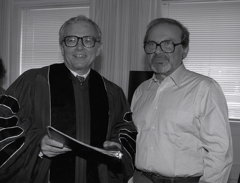 Maurice Sendak receives an honorary degree from then-President Harry Hartley during Convocation on Sept. 5, 1990. (Archives &amp; Special Collections, UConn Library)