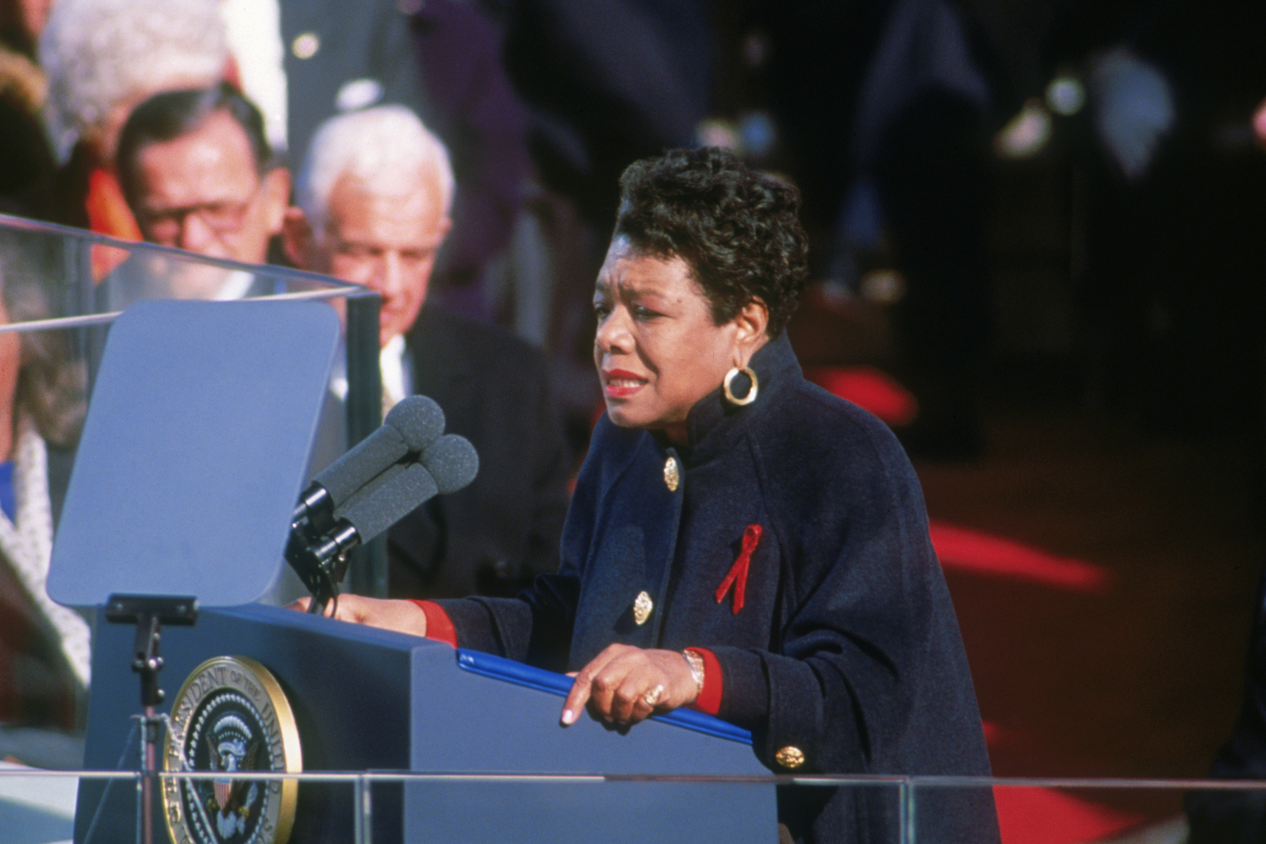 Poet Maya Angelou recites her poem 'On the Pulse of Morning' at the inauguration of President Bill Clinton in Washington D.C., Jan. 20, 1993. (Consolidated News Pictures/Getty Images)