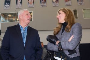 President Herbst, right, chats with Bob Hurley Sr., Dan Hurley's father, a former high school basketball coach and a Hall of Famer. Other members of the Hurley family at the event included Dan's wife Andrea, sons Danny and Andrew, brother Bobby, and mother Christie.