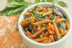 Red lentil penne with mushrooms, spinach, and sundried tomatoes. (Jeff Gonci, Dining Services/UConn Photo)