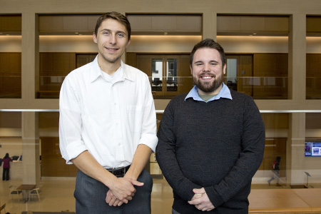 Public policy graduate students Mitchell Samal, left, and Kyle Livernoche and on November 29, 2017. (Bri Diaz/UConn Photo)