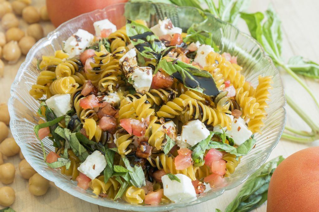 Chickpea rotini with roasted garlic, tomato, mozzarella, and balsamic gastrique. (Jeff Gonci, Dining Services/UConn Photo)