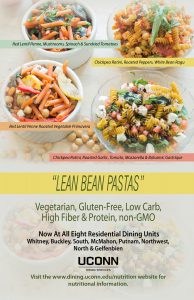 A poster advertising the four new Lean Bean Pastas and their availability at all eight dining halls on campus.