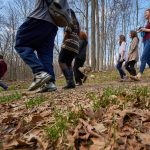 A group hike follows the reopening of the Hillside Environmental Education Park trail near the Innovation Partnership Building. (Peter Morenus/UConn Photo)