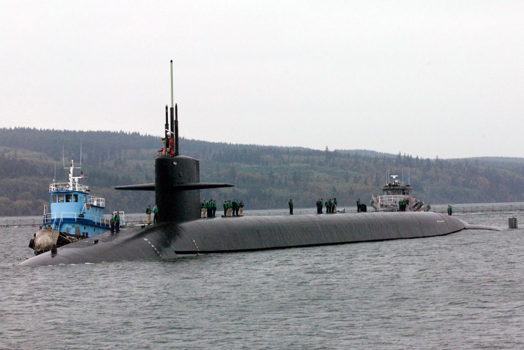 The USS Louisiana (SSBN743) is arriving for the first time at their new homeport at Naval Base Kitsap, Silverdale, Washington,on October 12, 2005. The USS Louisiana was formerly homeported at Kings Bay, Georgia. US Navy (Photo of the USS Louisiana by Brian Nokell, NBK Visual Information, via Wikimedia Commons)