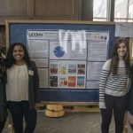 From left, Kathrine Grant, Isabella Horan, Priscilla Grillakis, and Madeleine Rusk, all juniors, display their IDEA Grant group project to create a tutoring and translation program for 'emergent bilingual' students. (Garrett Spahn '18 (CLAS)/UConn Photo)