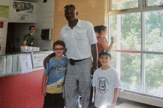 Alex, age 5, right, and his brother Ryan meet with Ray Allen at the UConn Dairy Bar during a visit to Storrs. (Photo courtesy of the Schachter Family)