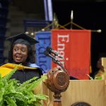 Kimberly Bryant, founder and executive director of Black Girls Code, gives the address at the School of Engineering Commencement ceremony at Gampel Pavilion on May 5. (Peter Morenus/UConn Photo)