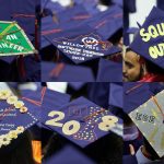 A composite of six caps seen at the School of Engineering Commencement ceremony. (Peter Morenus/UConn Photo)
