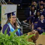 Alyssa Condon '18 (CAHNR) gives the student address during the College of Agriculture, Health, and Natural Resources Commencement ceremony. (Peter Morenus/UConn Photo)