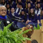 Sonny Ramaswamy, director, National Institute of Food and Agriculture, gives the address during the College of Agriculture, Health, and Natural Resources Commencement ceremony at Gampel Pavilion on May 5. (Peter Morenus/UConn Photo)