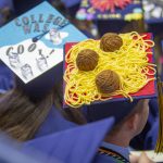 David Mill ‘18 (CLAS) shows off his spaghetti cap during the College of Liberal Arts and Sciences Commencement ceremony at Gampel Pavilion on May 6. (Sean Flynn/UConn Photo)