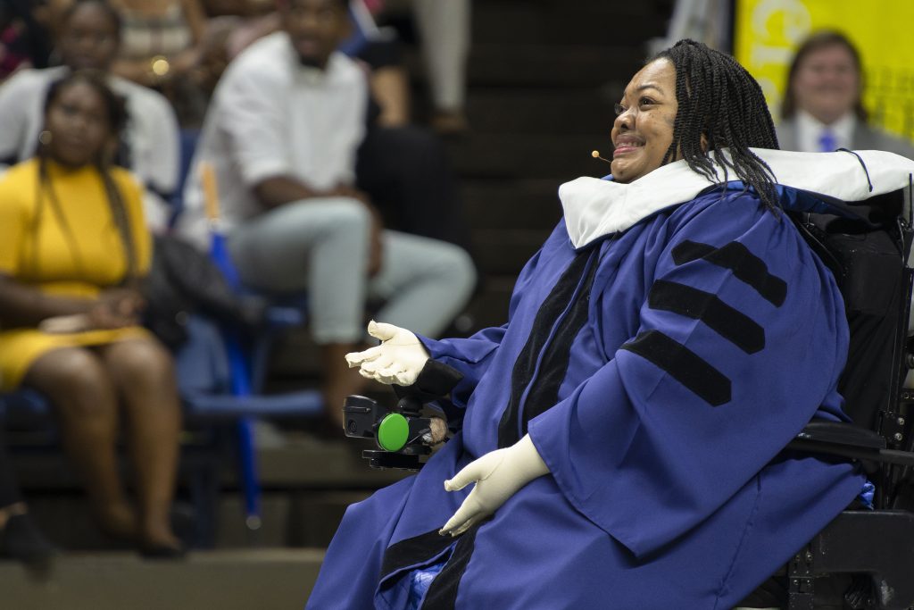 Crystal R. Emery, Commencement speaker for the College of Liberal Arts and Sciences (CLAS) Commencement ceremony at Gampel Pavilion on May 6, 2018. (Sean Flynn/UConn Photo)
