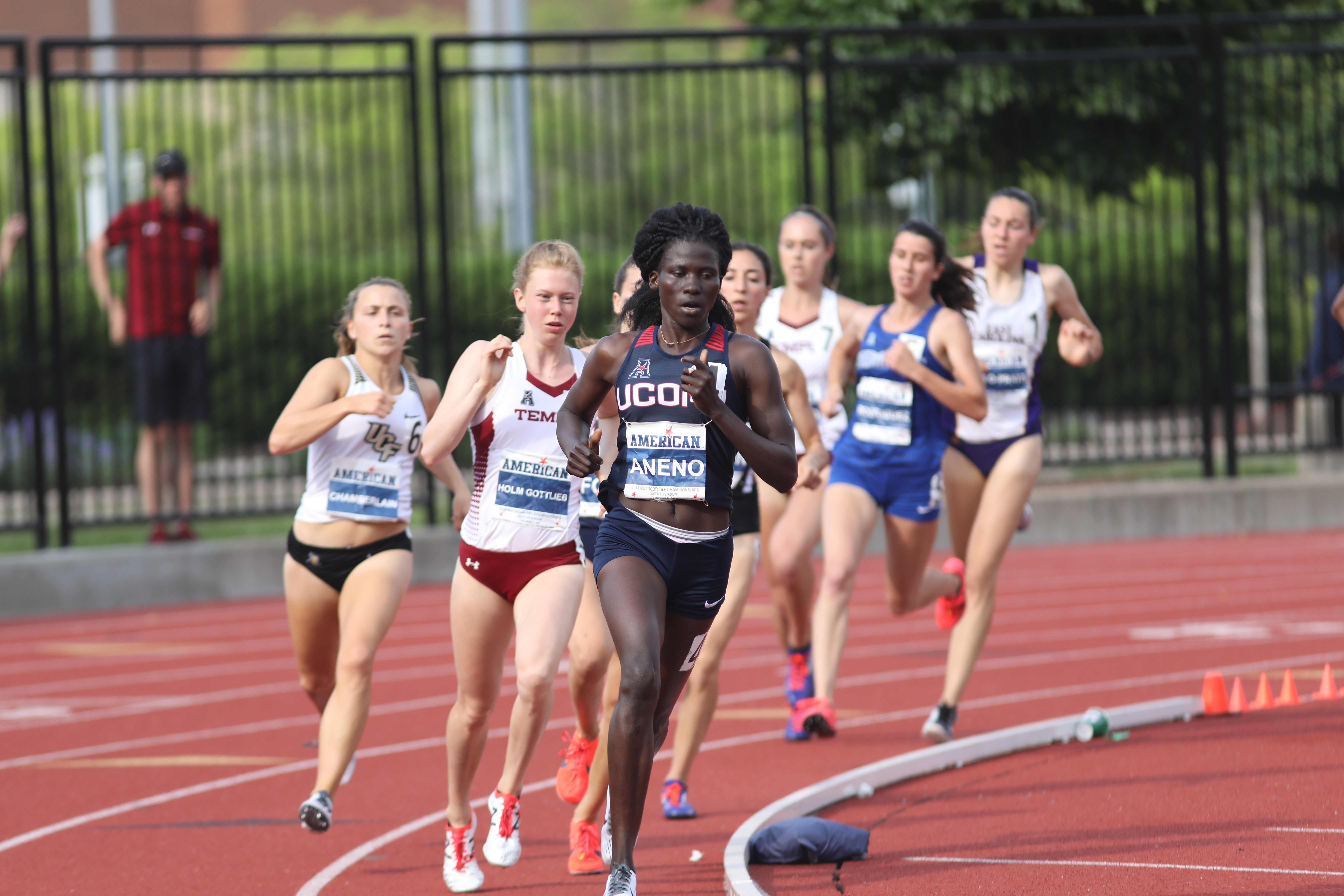 Susan Aneno, a junior, set a new conference meet record in the 800 m race on May 13, helping the Huskies finish fourth at the outdoor championship. (American Athletic Conference Photo)
