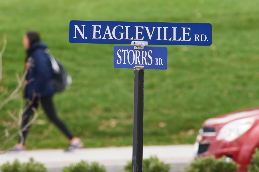 Street sign at the corner of North Eagleville Road and Storrs Road (Route 195). (Peter Morenus/UConn Photo)