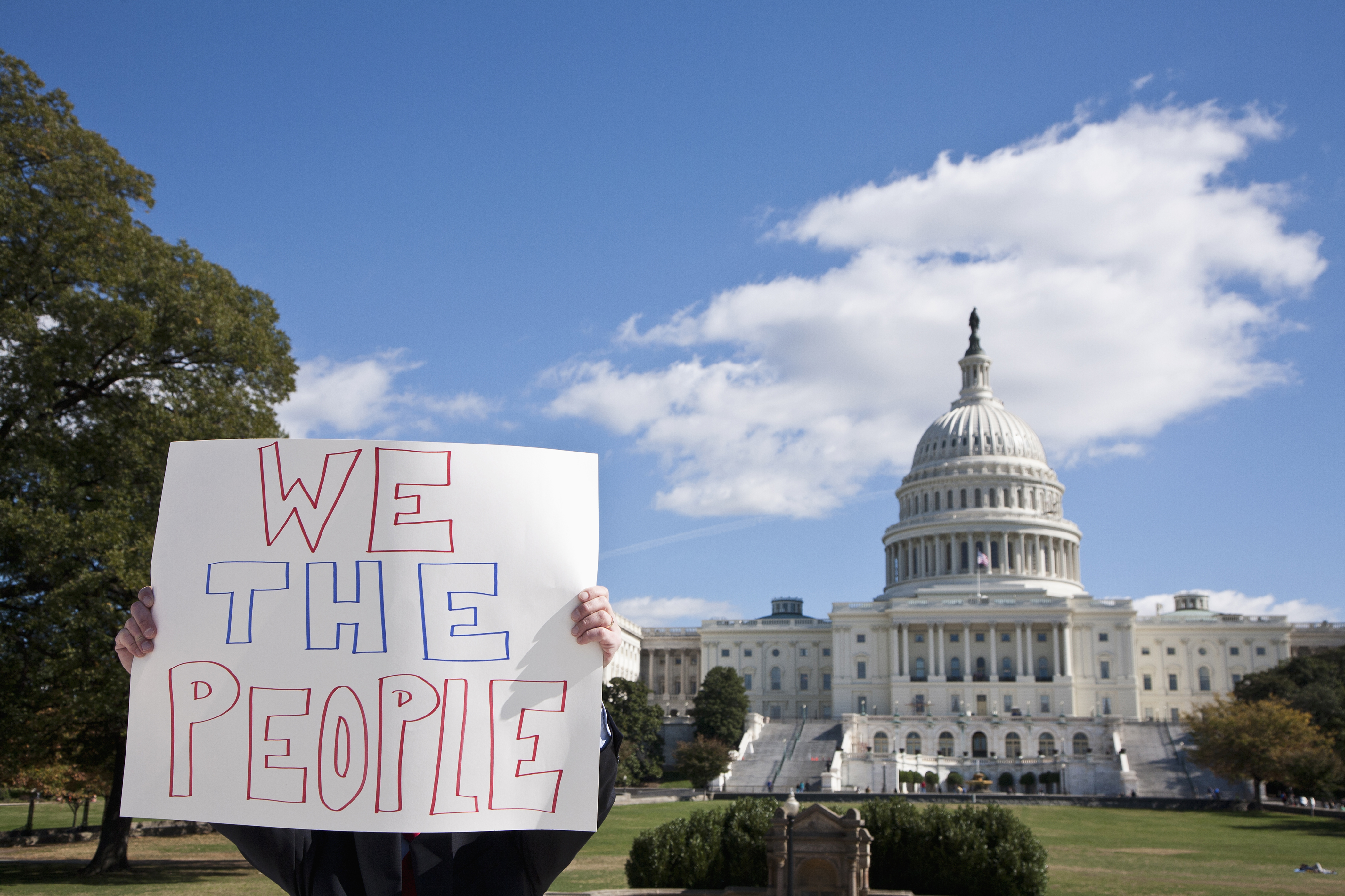 A protester holding a placard saying 'We The People' in front of the U.S. Capitol Building. (Getty Images)