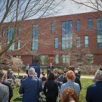 Thomas Kruger, current chairman of the Board of Trustees, speaks at the event celebrating the naming of Lawrence D. McHugh Hall. (Peter Morenus/UConn Photo)