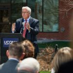 Thomas Ritter '77 JD, a member of the Board of Trustees, speaks at the event celebrating the naming of Lawrence D. McHugh Hall. (Peter Morenus/UConn Photo)