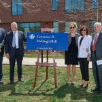 From left, Thomas Ritter '77 JD, Thomas Kruger, President Susan Herbst, Patricia McHugh, and Larry McHugh at the ceremony held to celebrate the naming of Lawrence D. McHugh Hall on May 2. (Peter Morenus/UConn Photo)