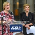 State Senator Cathy Osten speaks at the dedication of the Engineering & Science Building on June 11, 2018.  At Right is President Susan Herbst.(Peter Morenus/UConn Photo)