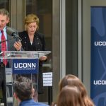 Thomas Prete '85 (ENG), vice president of engineering at Pratt & Whitney, speaks at the dedication of the Engineering & Science Building on June 11, 2018. At Right is President Susan Herbst. (Peter Morenus/UConn Photo)