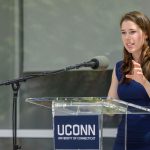 Stephanie Knowlton '15 (ENG), a graduate student, speaks at the dedication of the Engineering & Science Building on June 11, 2018. (Peter Morenus/UConn Photo)