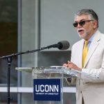 Kazem Kazerounian, dean of engineering, speaks at the dedication of the Engineering & Science Building on June 11, 2018. (Peter Morenus/UConn Photo)