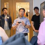 Ki Chon, head of biomedical engineering, demonstrates the use of a smart band for measuring heart rate during a tour of the the Engineering & Science Building on June 11, 2018. (Peter Morenus/UConn Photo)