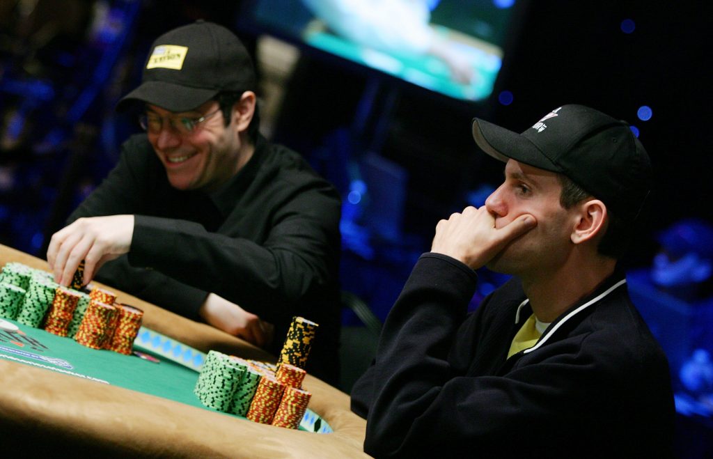 Chip leader Jamie Gold, left, of California and second place chip holder Allen Cunningham of Nevada compete during the World Series of Poker no-limit Texas Hold 'em main event in Las Vegas in 2006. The top prize was $12 million. (Ethan Miller/Getty Images)