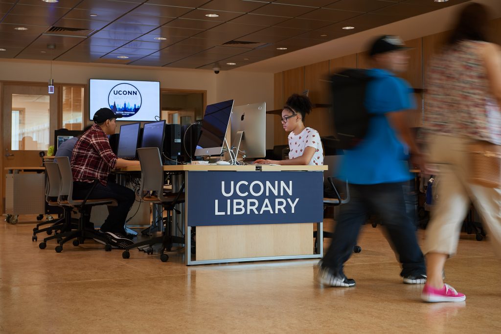 Students use computers at the UConn Hartford Library inside the Hartford Public Library on June 19, 2018. (Peter Morenus/UConn Photo)